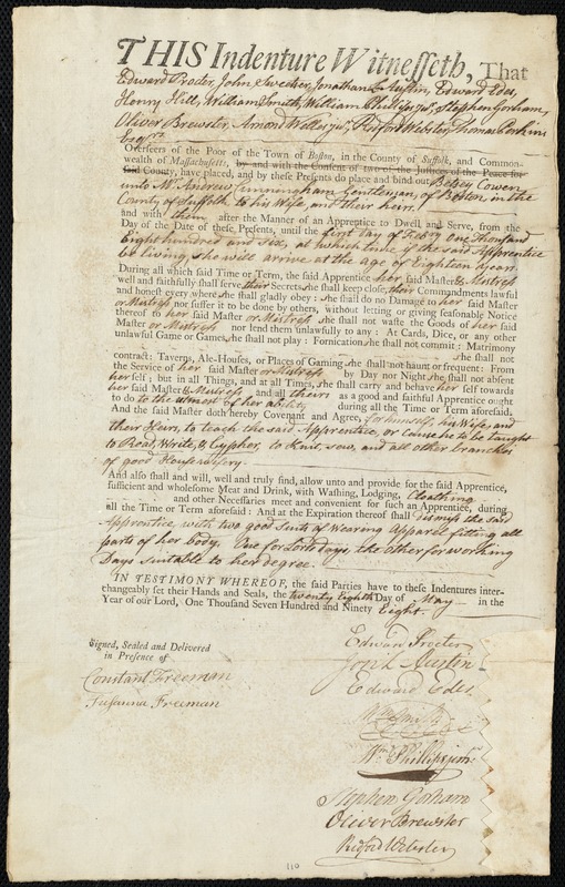 Betsey Cowen indentured to apprentice with Andrew Cunningham of Boston, 28 May 1798