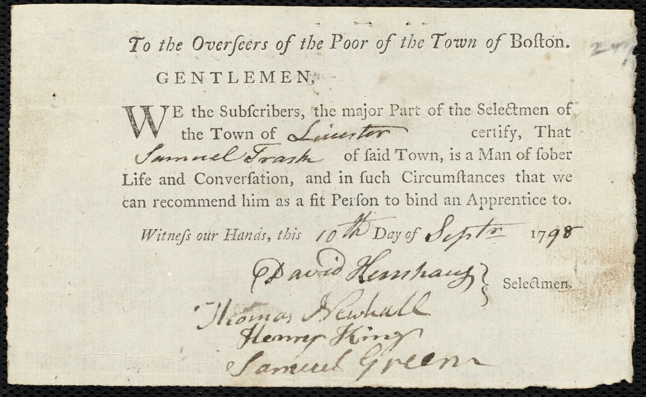James Roberts indentured to apprentice with Samuel Trask of Leicester, 6 June 1798