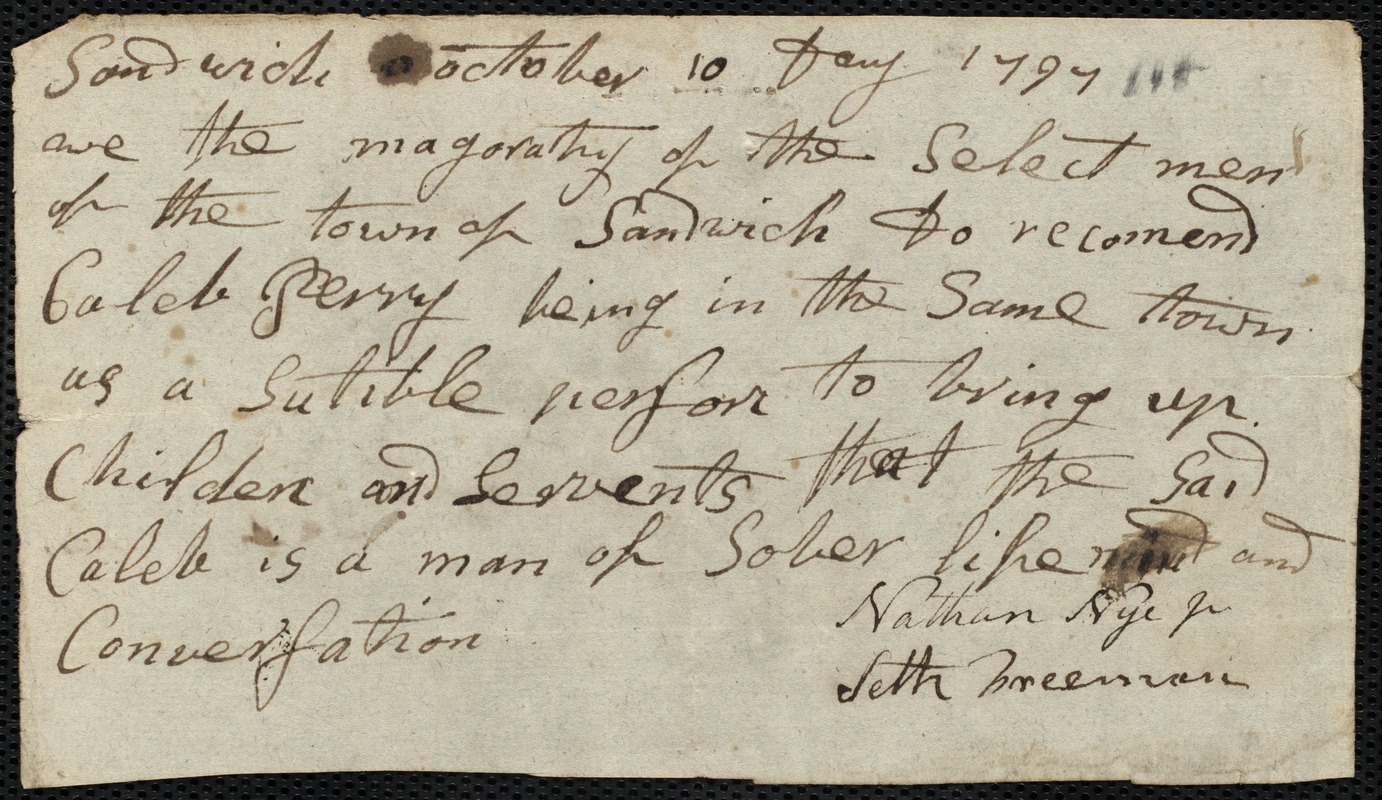 William Pike indentured to apprentice with Caleb Perry of Sandwich, 28 May 1798