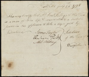Sukey Panot indentured to apprentice with Samuel Kellogg of Westfield, 4 August 1798
