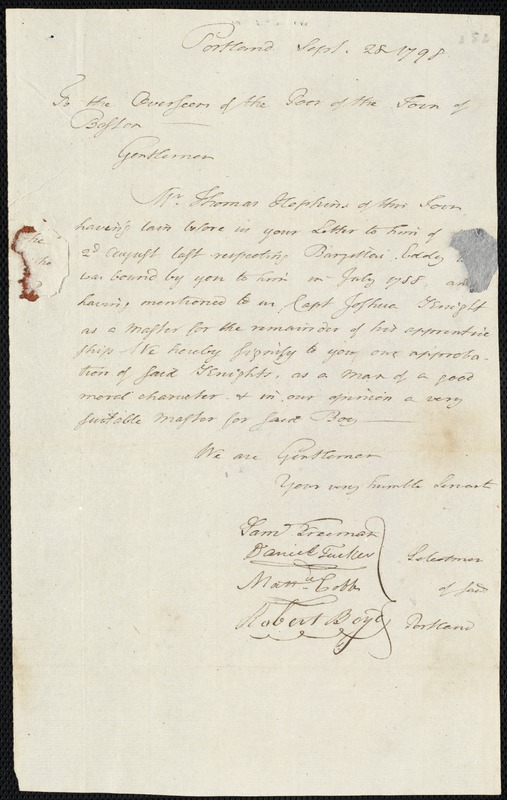 Barzellai Eddy indentured to apprentice with Joshua Knight of Portland, 10 October 1798