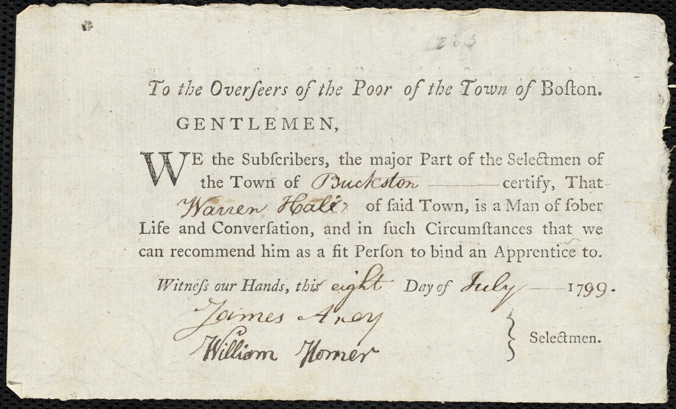 Mary Ann Sharp indentured to apprentice with Warren Hall of Buckston, 29 June 1799