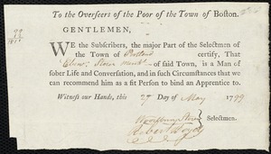 Thomas Furr indentured to apprentice with Ebenezer Storer of Portland, 29 May 1799