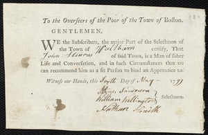 William Roges indentured to apprentice with John Stearns of Waltham, 9 May 1799