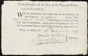 Thomas Benall indentured to apprentice with Mark Hatch of Castine, 20 June 1799