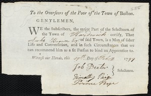 Betsey Bradlee indentured to apprentice with Luke Brown of Hardwick, 23 January 1799