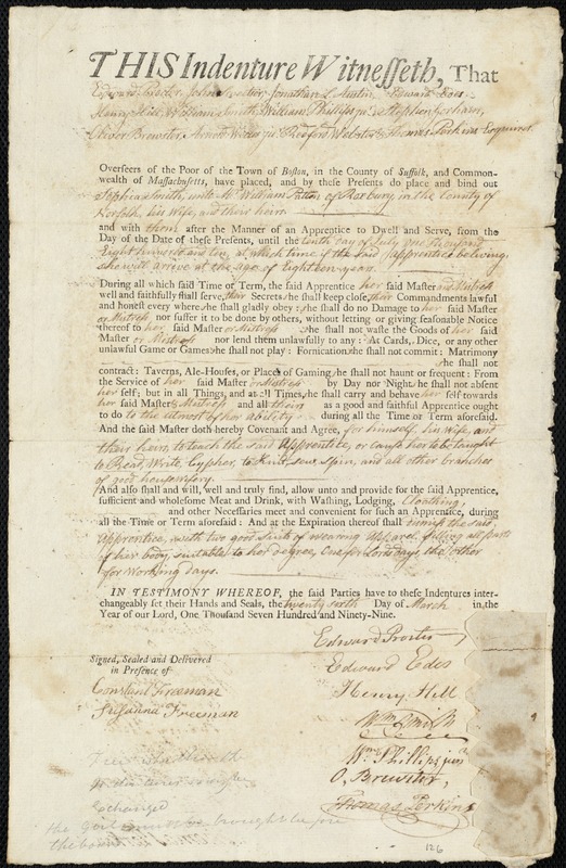 Sophia Smith indentured to apprentice with William Patton of Roxbury, 26 March 1799