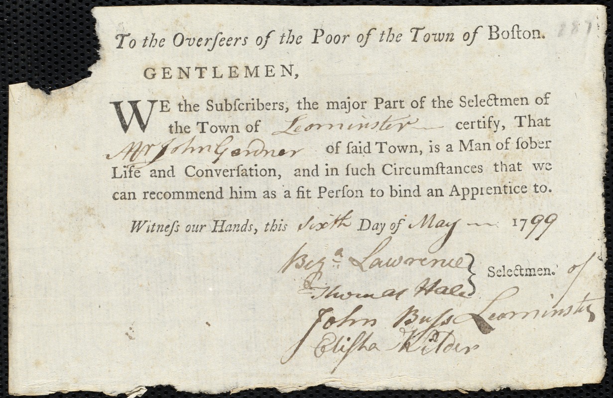 Cornelius O. Quill indentured to apprentice with John Gardner of Leominster, 1 May 1799