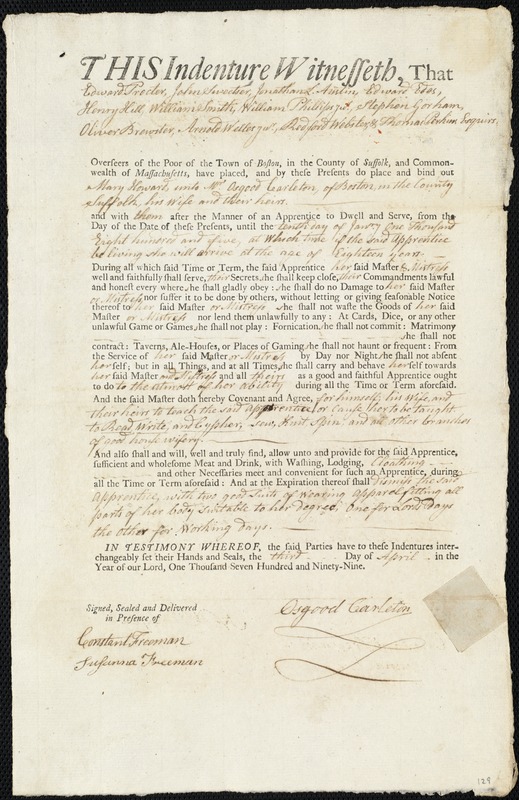Mary Howard indentured to apprentice with Osgood Carleton of Boston, 3 April 1799
