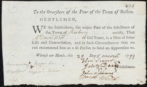 Joseph Ramsdale indentured to apprentice with David Weld of Roxbury, 1 April 1799