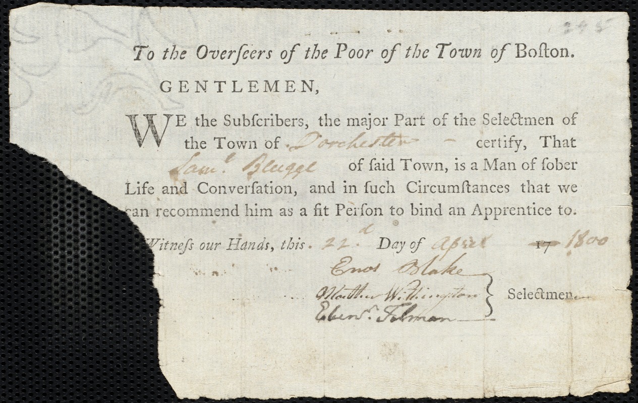 Mary Belknap indentured to apprentice with Samuel Blugge [Blagge] of Dorchester, 15 April 1800