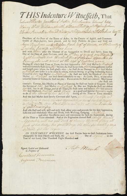 Ann Trayhorn indentured to apprentice with Stephen March of Union, 7 April 1800