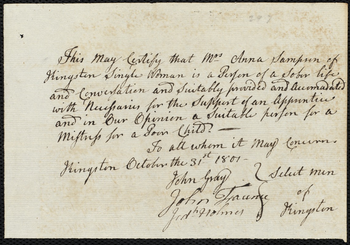 Eloner Holley indentured to apprentice with Anna Sampson of Kingston, 4 November 1801
