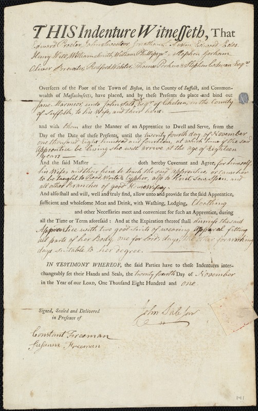 Jane Marmior indentured to apprentice with John Sale, Jr. of Chelsea, 24 November 1801