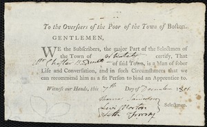 John Burdekin indentured to apprentice with Chester Bardwell of Whately, 28 December 1801