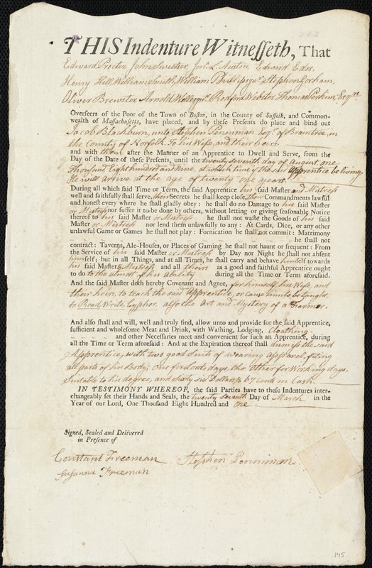Jacob Blackburn indentured to apprentice with Stephen Penniman of Braintree, 27 March 1801