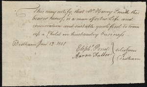 Theodore Smith indentured to apprentice with Henry Smith of Dedham, 7 January 1801