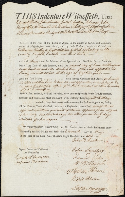 Catharine Foalke indentured to apprentice with William G. Weld of Roxbury, 11 May 1801