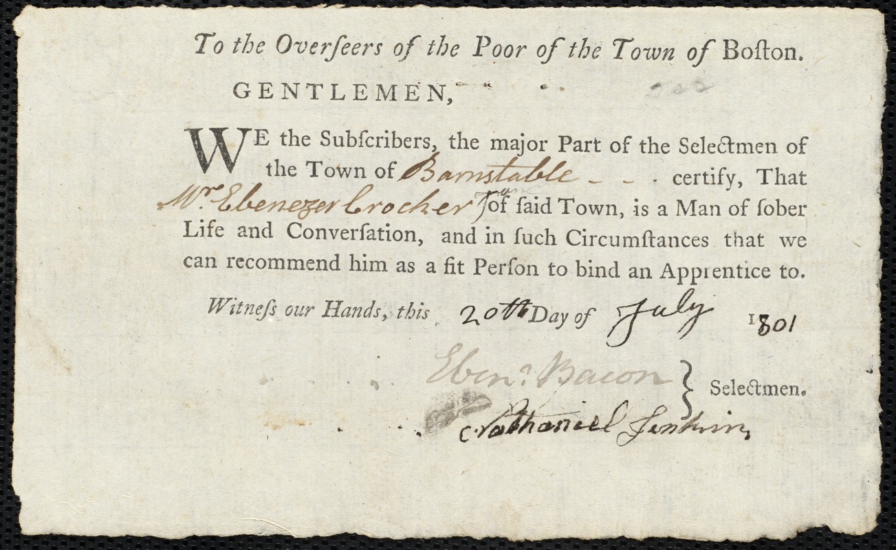 Andrew Gardner, Jr. indentured to apprentice with Ebenezer Crocker, Jr. of Barnstable, 18 July 1801