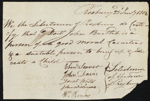 Sarah Gordan indentured to apprentice with John Bartlett [Bartlet] of Roxbury, 25 January 1802
