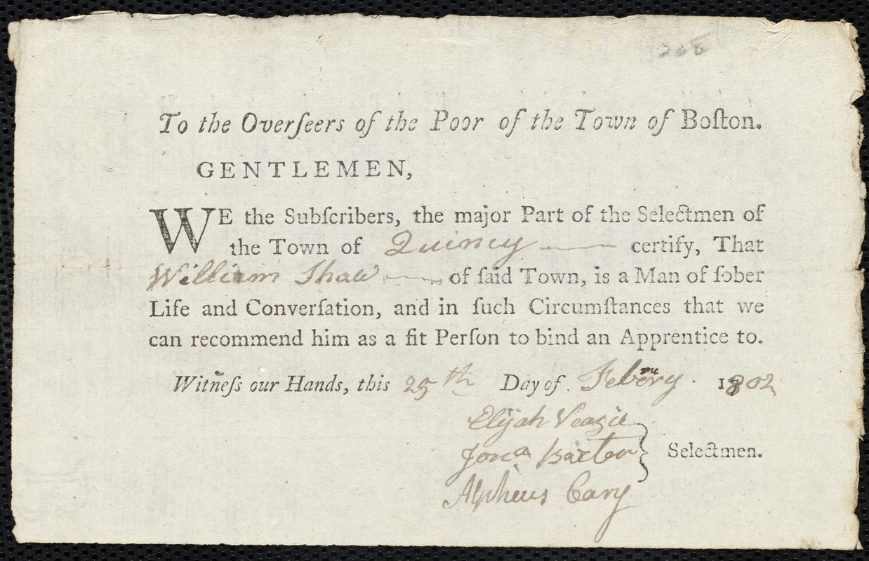 Joseph Burdekin indentured to apprentice with William Shaw of Quincy, 6 February 1802