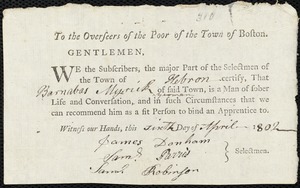 Benjamin Wild indentured to apprentice with Barnabas Myrick of Hebron, 27 March 1802