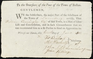 Samuel Malborn indentured to apprentice with Williams [William] Cunningham of Lunenburg, 13 August 1802