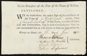 Barnaby Penny indentured to apprentice with Samuel Sewall of Marblehead, 2 July 1802