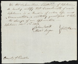 Peter Marmior indentured to apprentice with Ezra Smith of Topsham, 8 November 1802