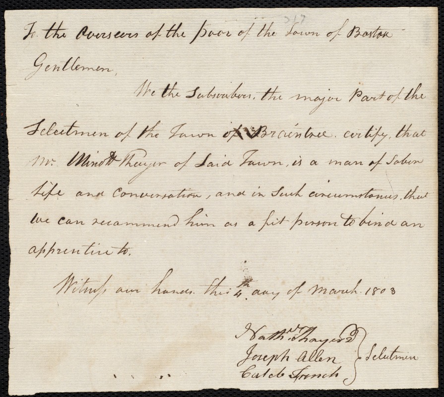 Thomas Davidson indentured to apprentice with Minott Thayer of Braintree, 10 March 1803