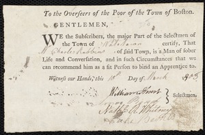 Polly Spring indentured to apprentice with Charles Robbins of Watertown, 10 March 1803