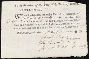 John Stretch indentured to apprentice with George S. Johannot [Johnnot] of Beverly, 3 October 1803
