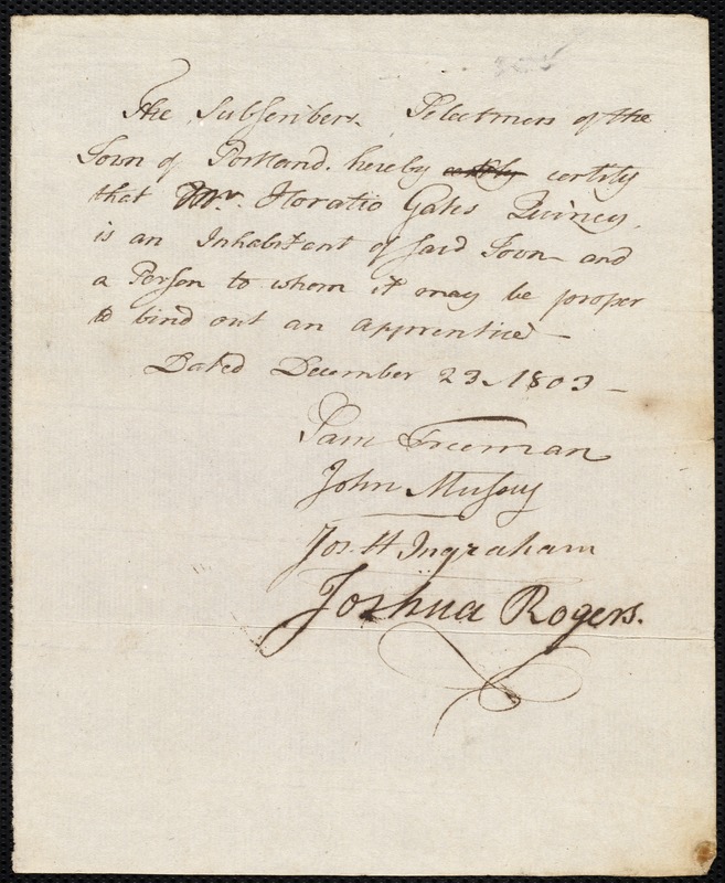 Redman Morris indentured to apprentice with Horatio Gates Quincy of Portland, 6 December 1803