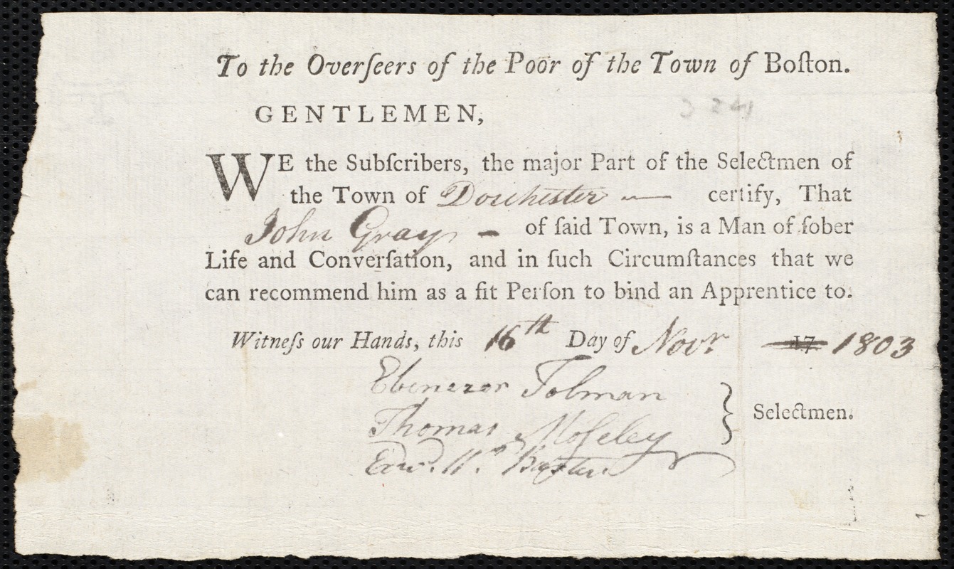 James Bear indentured to apprentice with John Gray of Dorchester, 17 November 1803