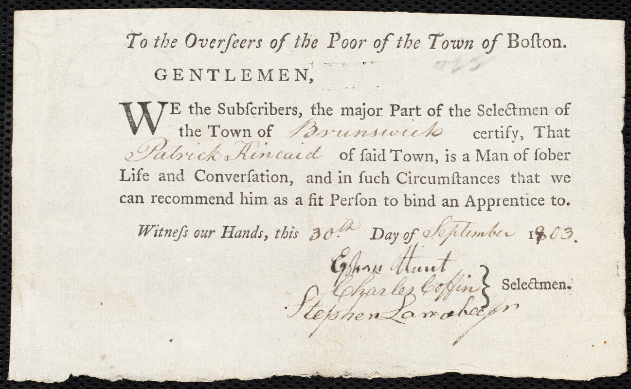 John Clarke indentured to apprentice with Patrick Kincaid of Brunswick, 11 October 1803