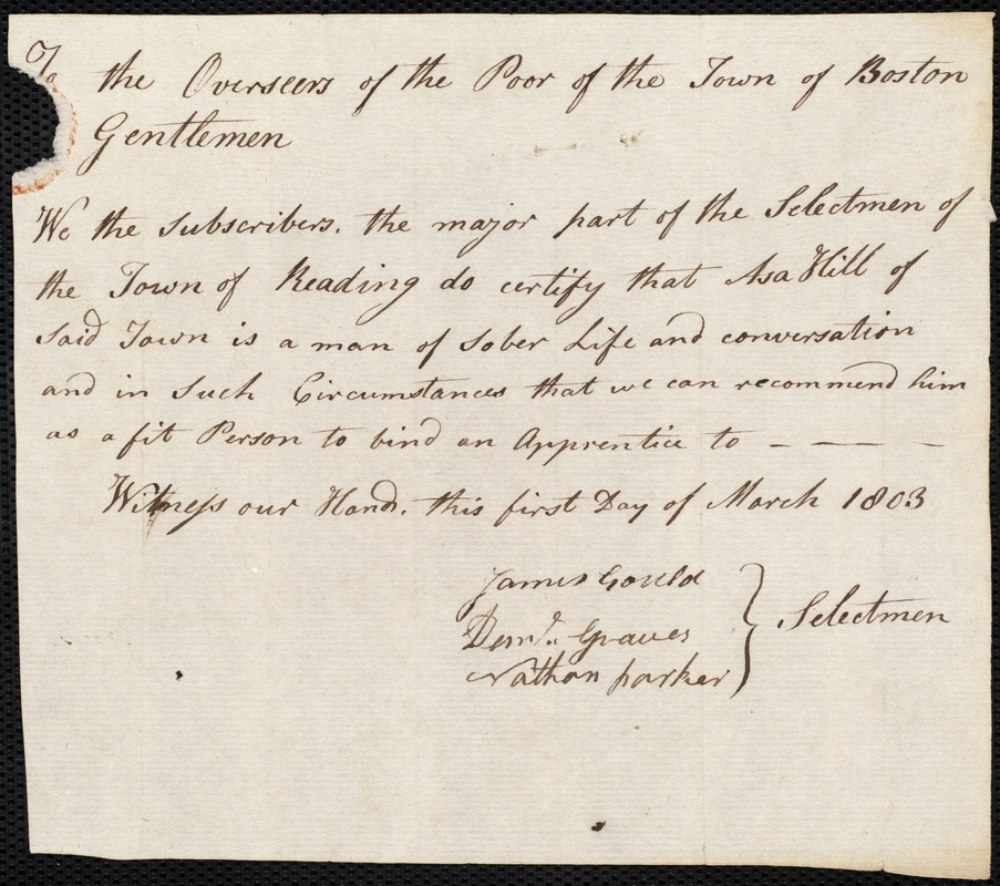 George Douglas indentured to apprentice with Asa Hill of Reading, 1 March 1803