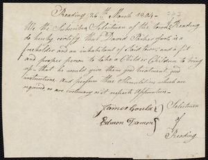 John Adams Mann indentured to apprentice with David Parker, Jr. of Reading, 6 April 1804