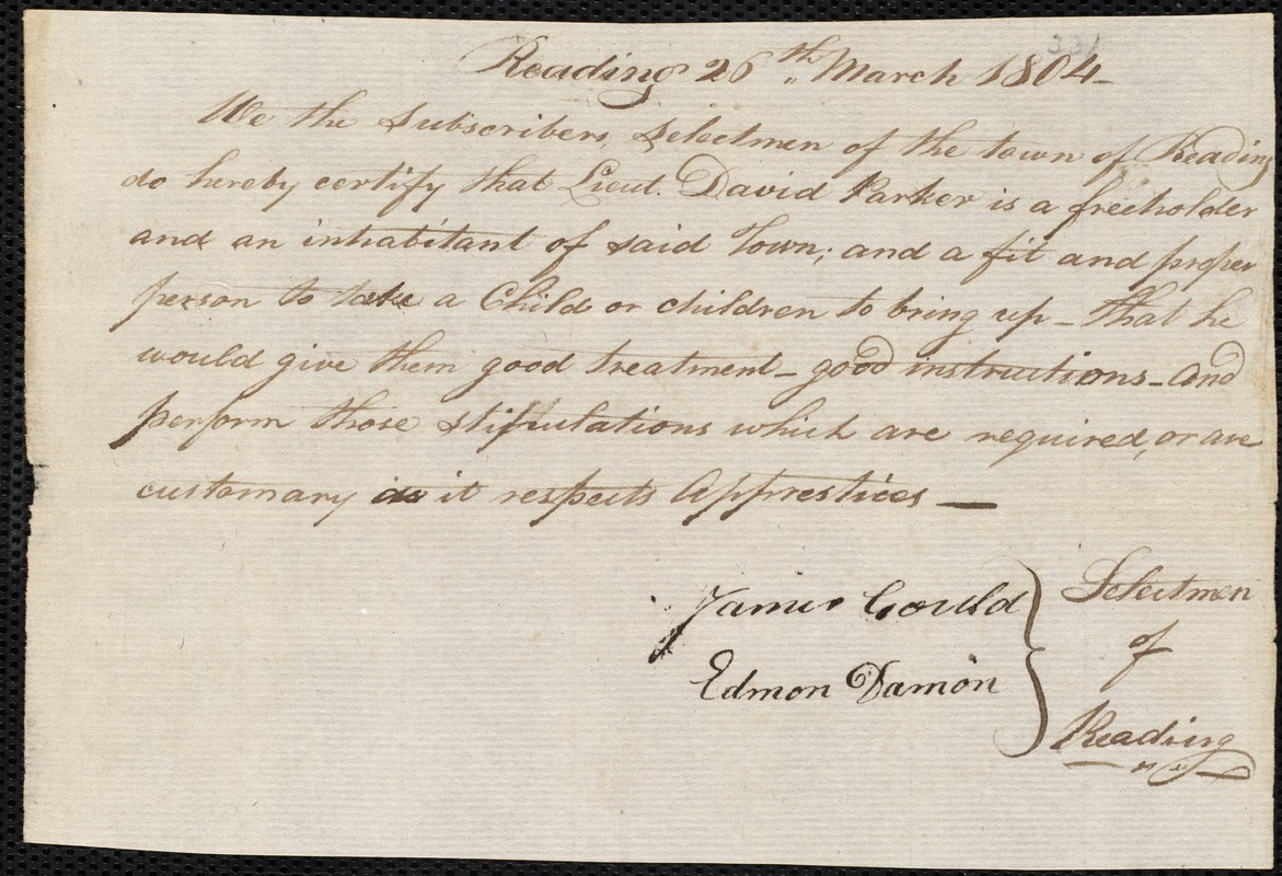 George Washington Mann indentured to apprentice with David Parker, Jr. of Reading, 4 April 1804