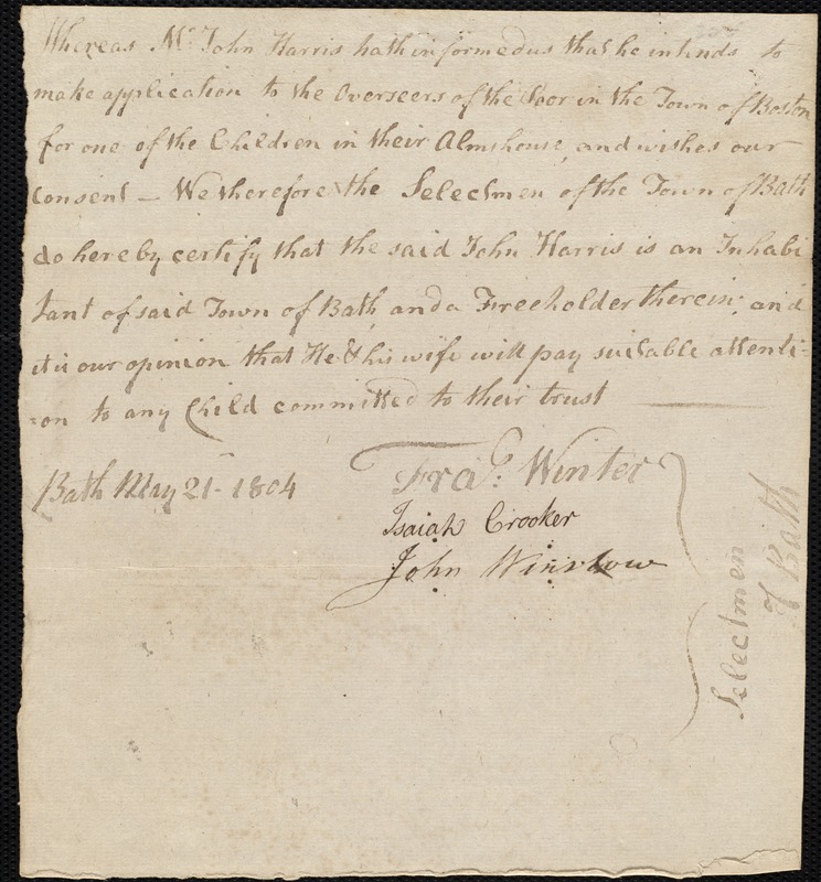 Henry Muffey indentured to apprentice with John Harris of Bath, 5 June 1804
