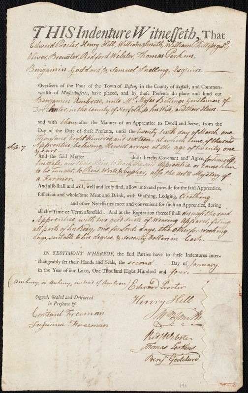 Benjamin Ambrose indentured to apprentice with Moses Billings of Dorchester, 2 January 1804