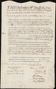 Document of indenture: Servant: Ambrose, Benjamin. Master: Billings, Moses. Town of Master: Dorchester