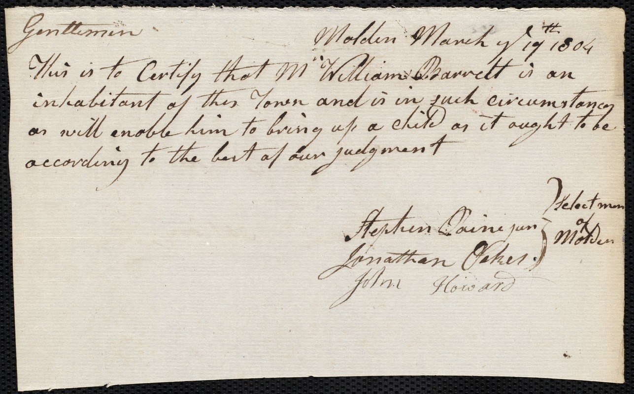 Charlotte Curtis indentured to apprentice with William Barrett of Malden, 19 March 1804