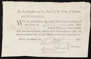 John Statch indentured to apprentice with William Sumner of Dorchester, 26 December 1804
