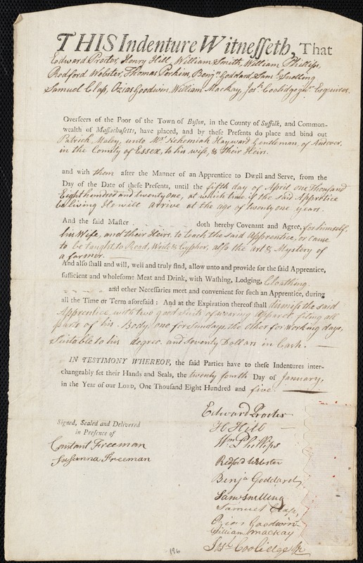 Patrick Maley indentured to apprentice with Nehemiah Hayward of Andover, 24 January 1805