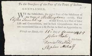John Hale indentured to apprentice with Elisha Tambling of Bellingham, 16 January 1805