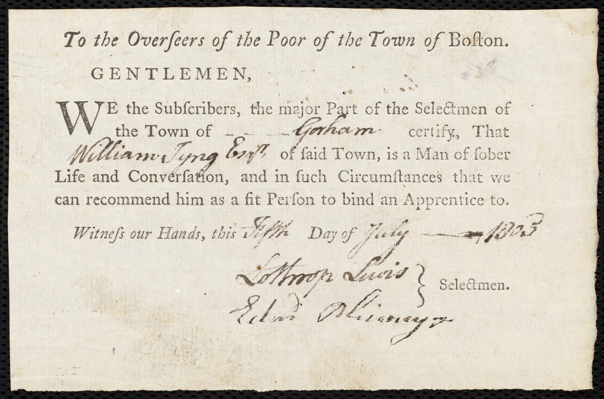 Maynard Chew indentured to apprentice with William Tyng of Gorham, 6 July 1805