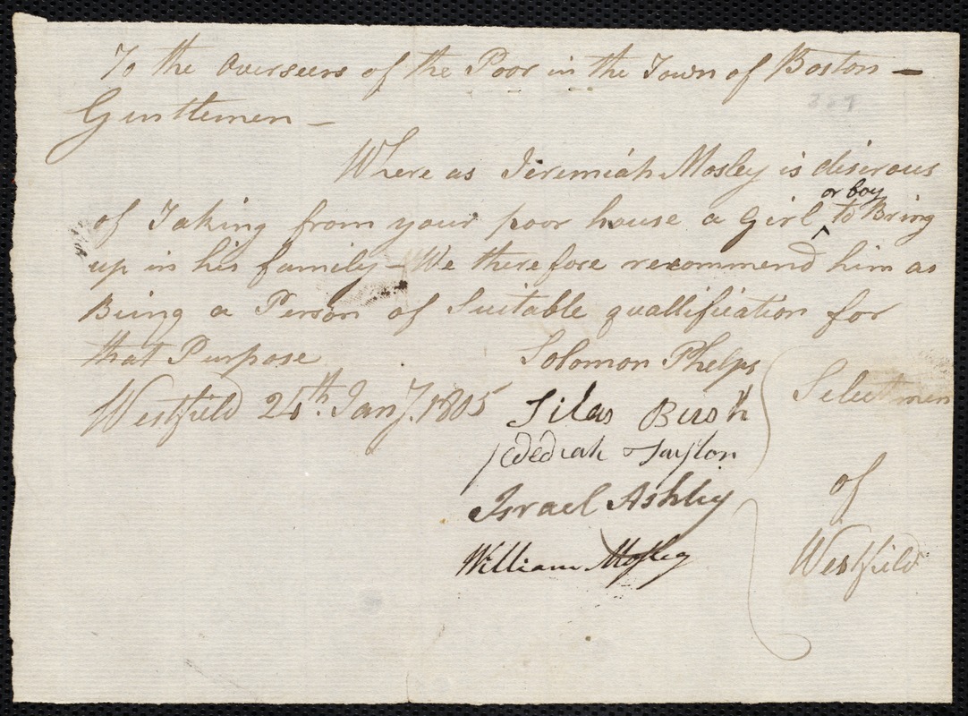 Josiah Swan indentured to apprentice with Jeremiah Mosley of Westfield, 5 February 1805