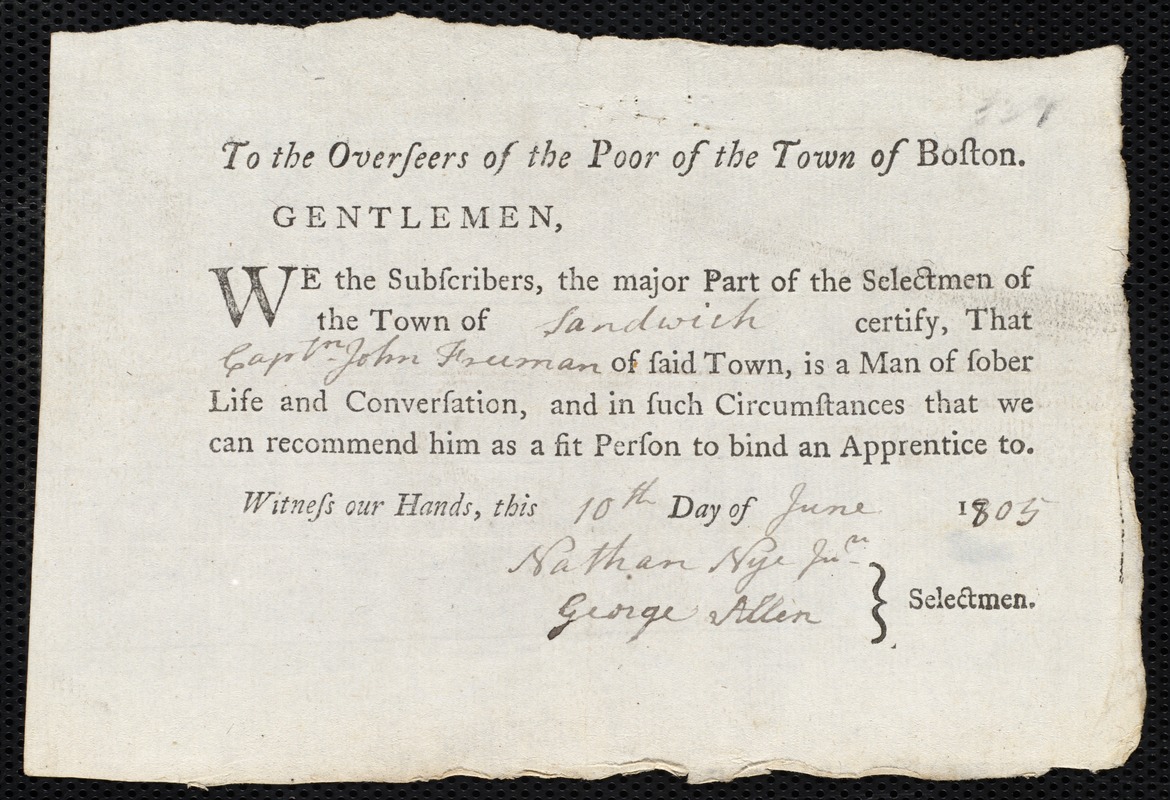 Joseph Cook indentured to apprentice with John Freeman of Sandwich, 17 July 1805