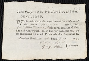 Joseph Cook indentured to apprentice with John Freeman of Sandwich, 17 July 1805