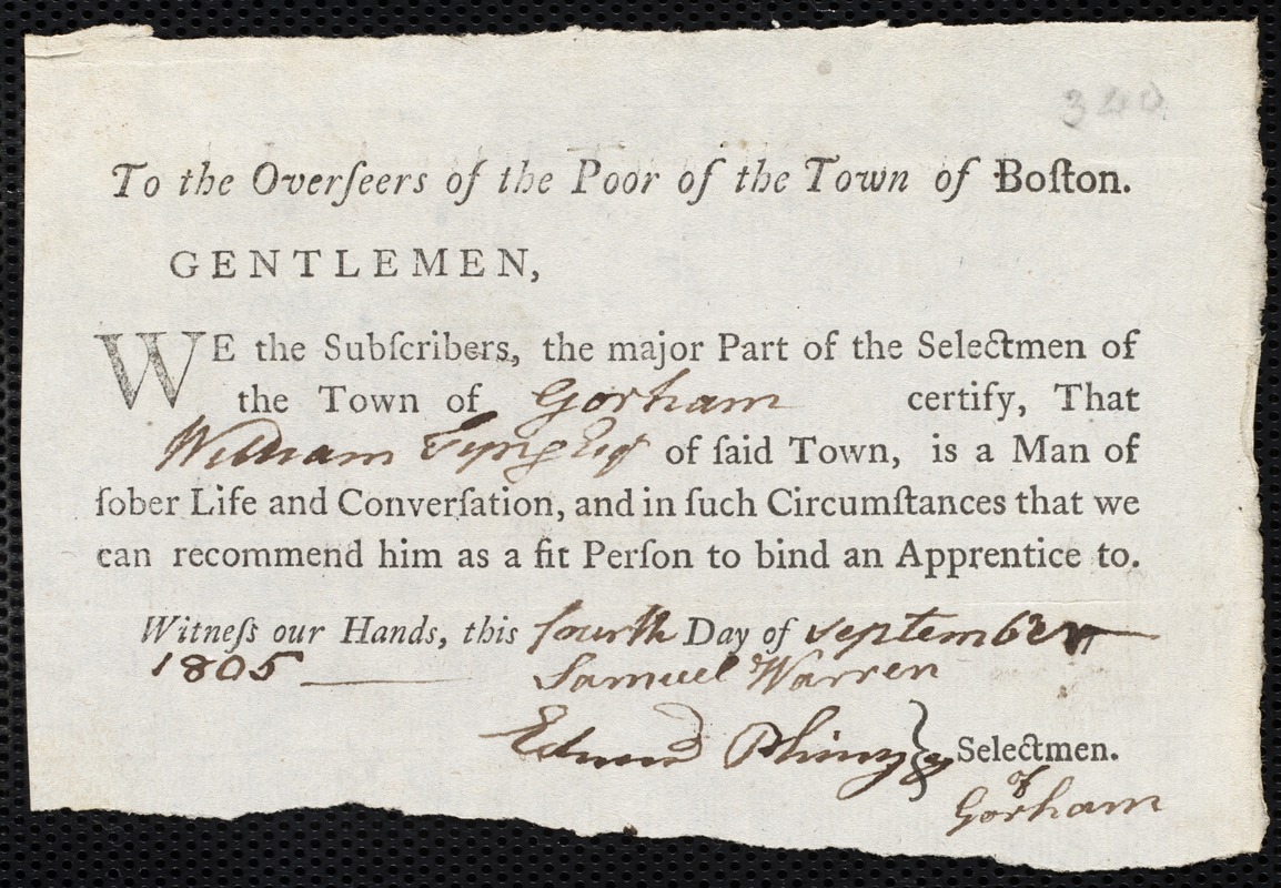 Margaret Chew indentured to apprentice with William Tyng of Gorham, 4 September 1805